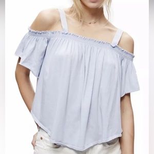 We The Free People Medium Darling Off The Shoulder Top Sky Blue Cotton